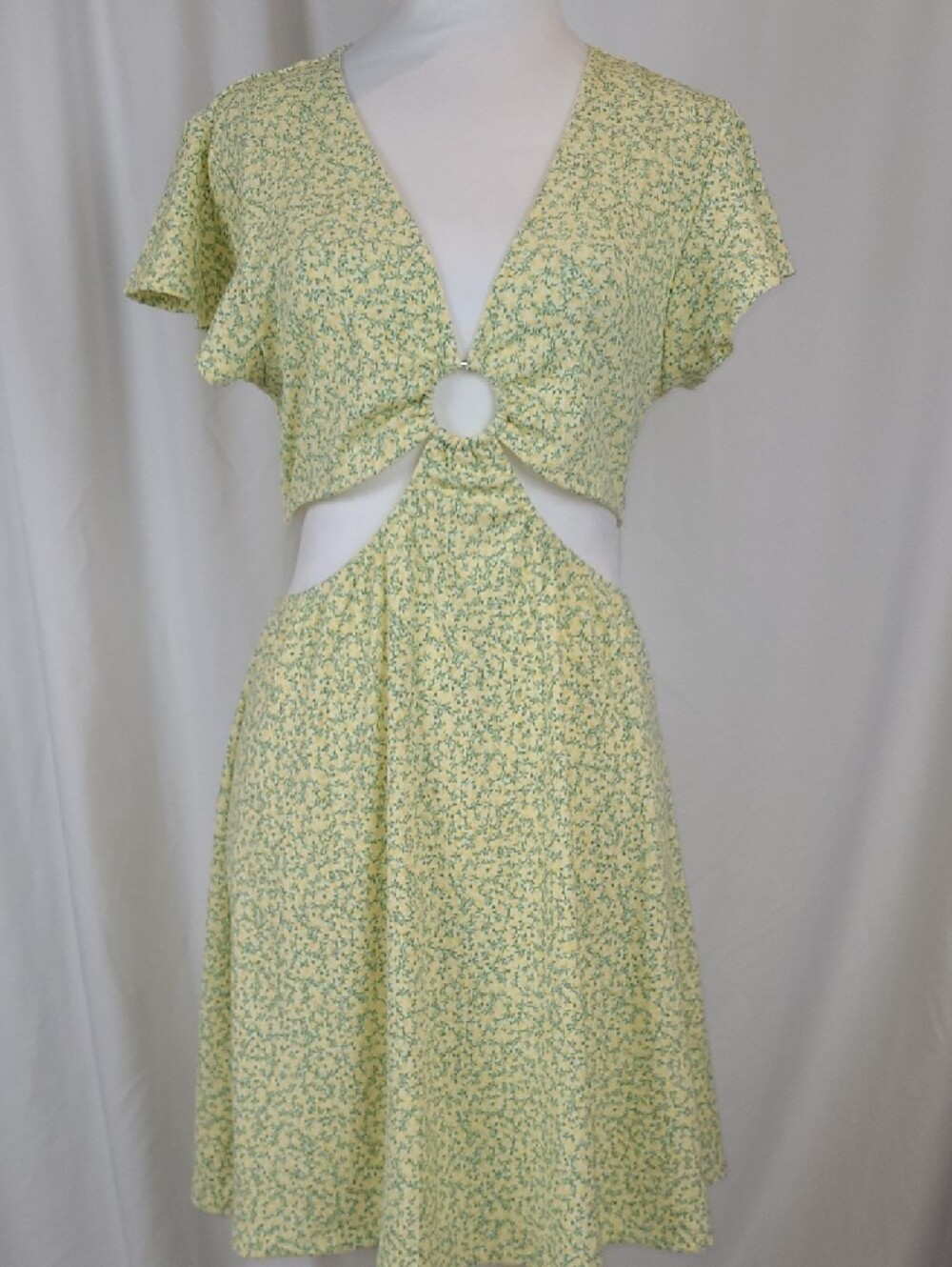 H&M Nwot Divided Floral Cut-Out Mini Dress - Yellow/Mint Green - Size Medium